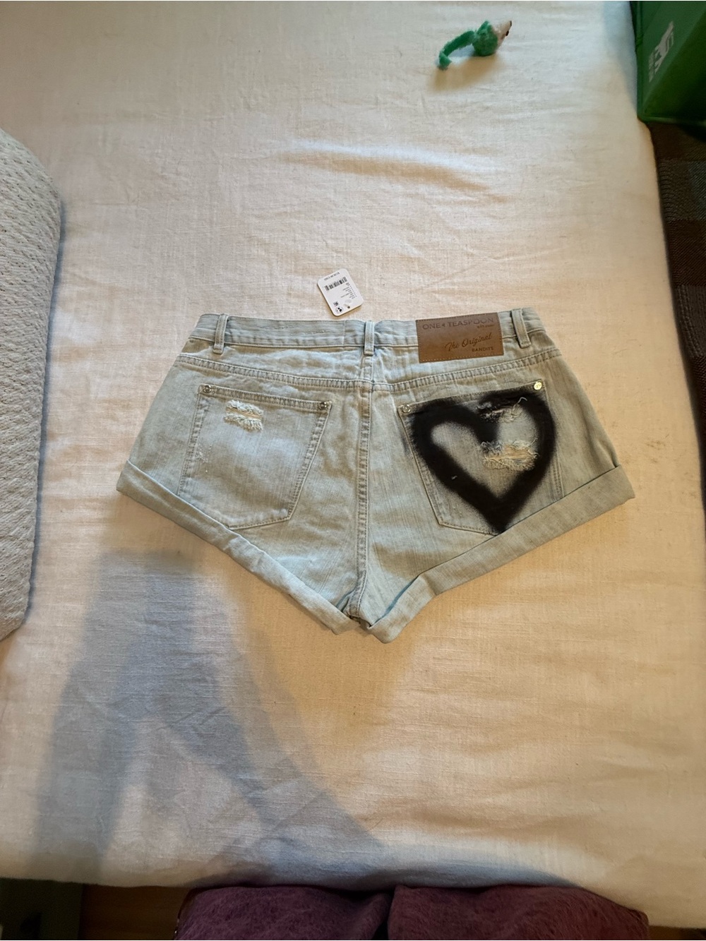One Teaspoon Light Blue Denim Shorts with Black Spray Heart